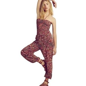 Free People Red Paisley Smocked‎ Strapless Jumpsuit Bohemian Harem Pants XS EUC